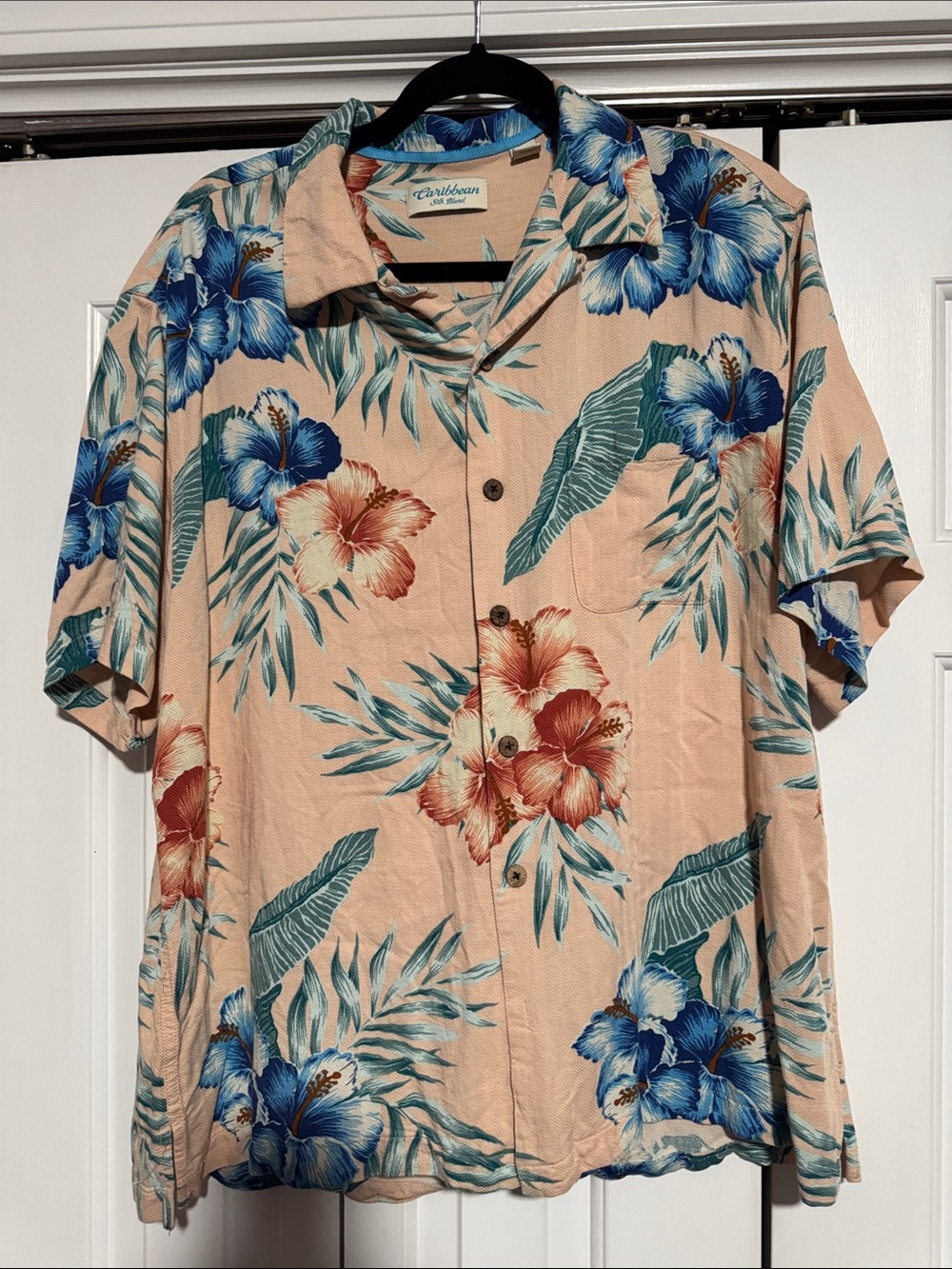 Caribbean Joe Peach Floral Button-Down Hawaiian Shirt with Blue Blooms